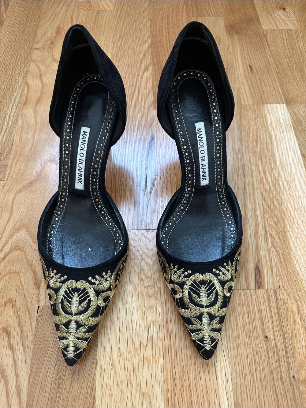Manolo Blahnik Volta Embroidered Suede D'Orsay Pumps